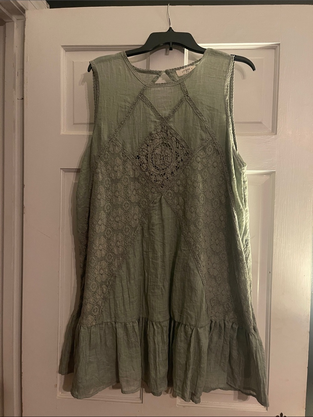 Umgee Sage Green Sleeveless Lace-Panel Dress